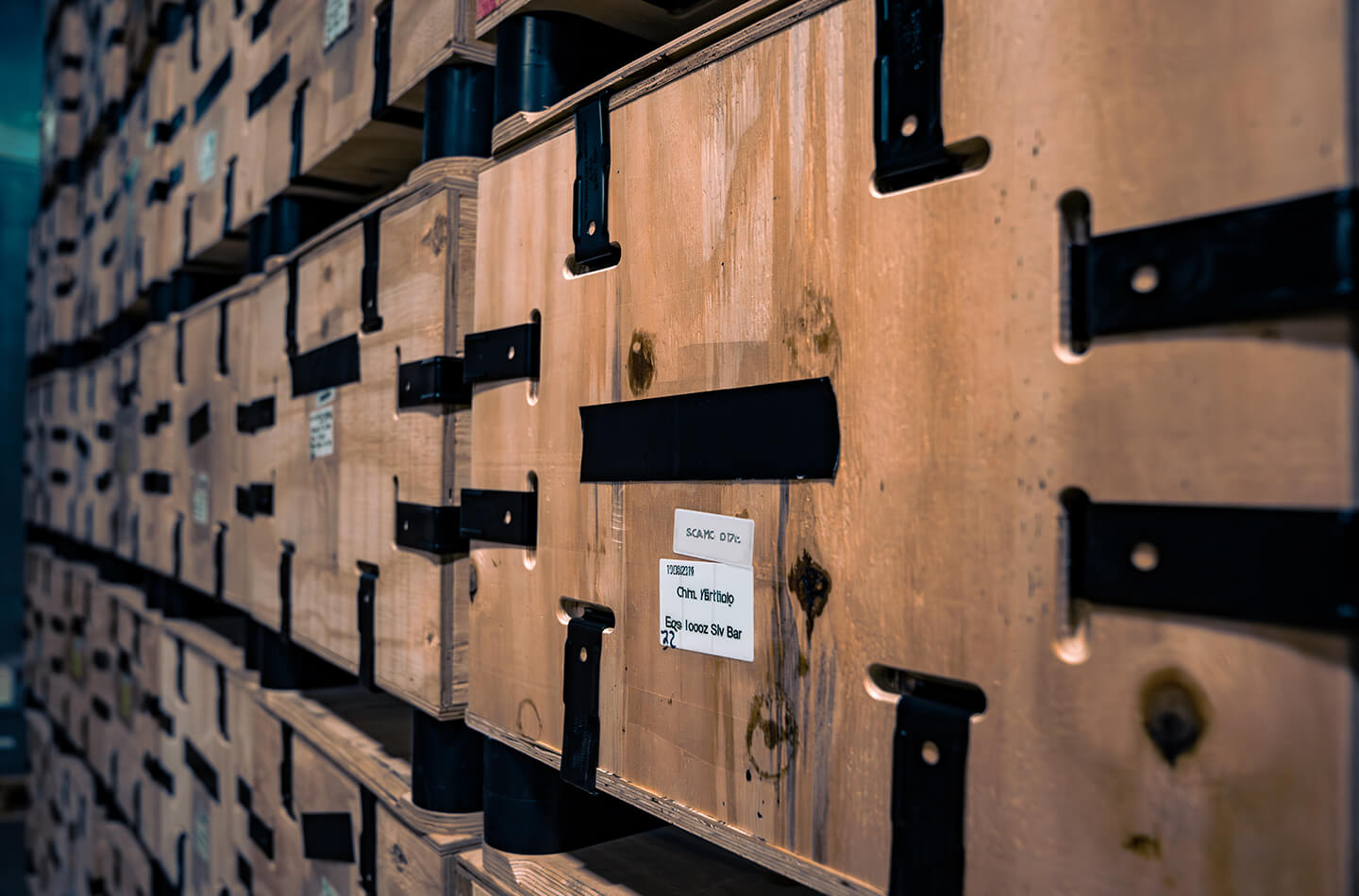 Fine art storage in wooden crates stacked 5 shelves high